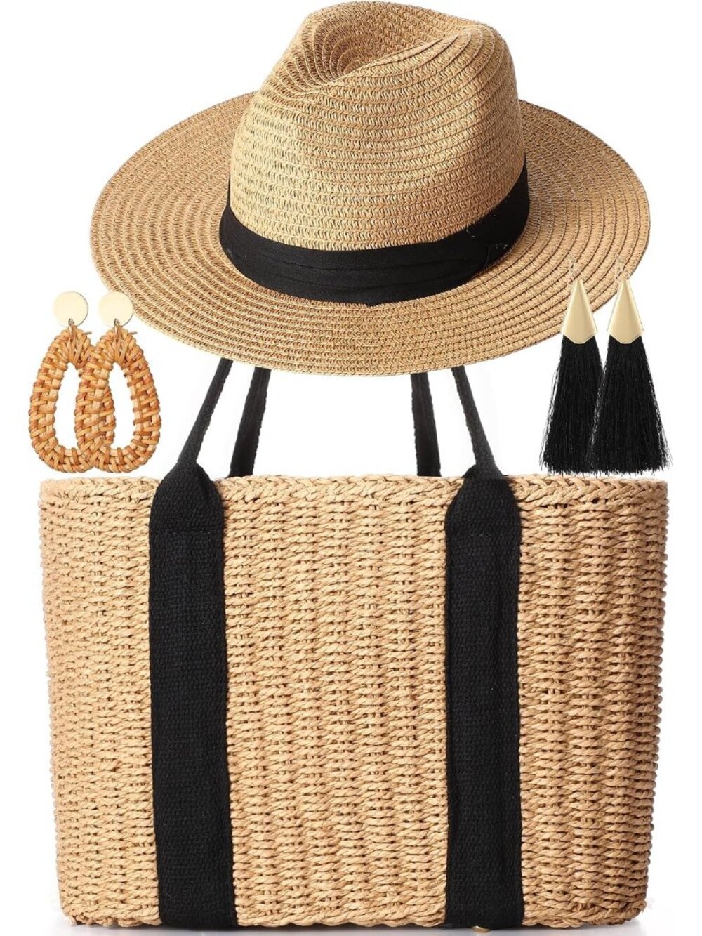 4 Pcs Straw Bag Woven Bag and Rattan Wicker Hat Tassel Earrings Set Summer Tote